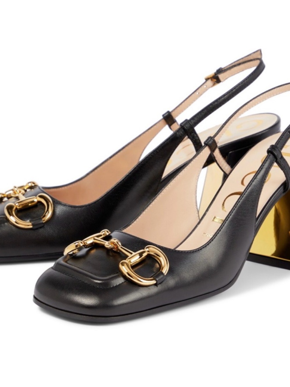 Gucci Leather Slingback Heels with Gold Horse Bit and Heel Detail